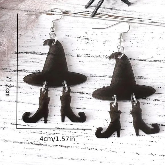 Witch Earrings Dangle Halloween Hat Boots Wicked Party Costume Fun Black Trendy - Picture 4 of 4